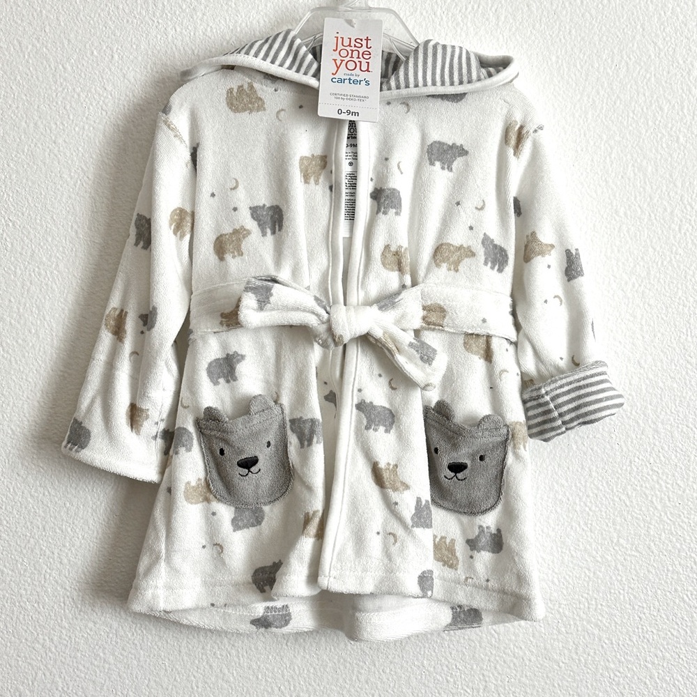 Carter's Just One You White Gray Baby Bear Print Hooded Bath Robe Size 0-9M